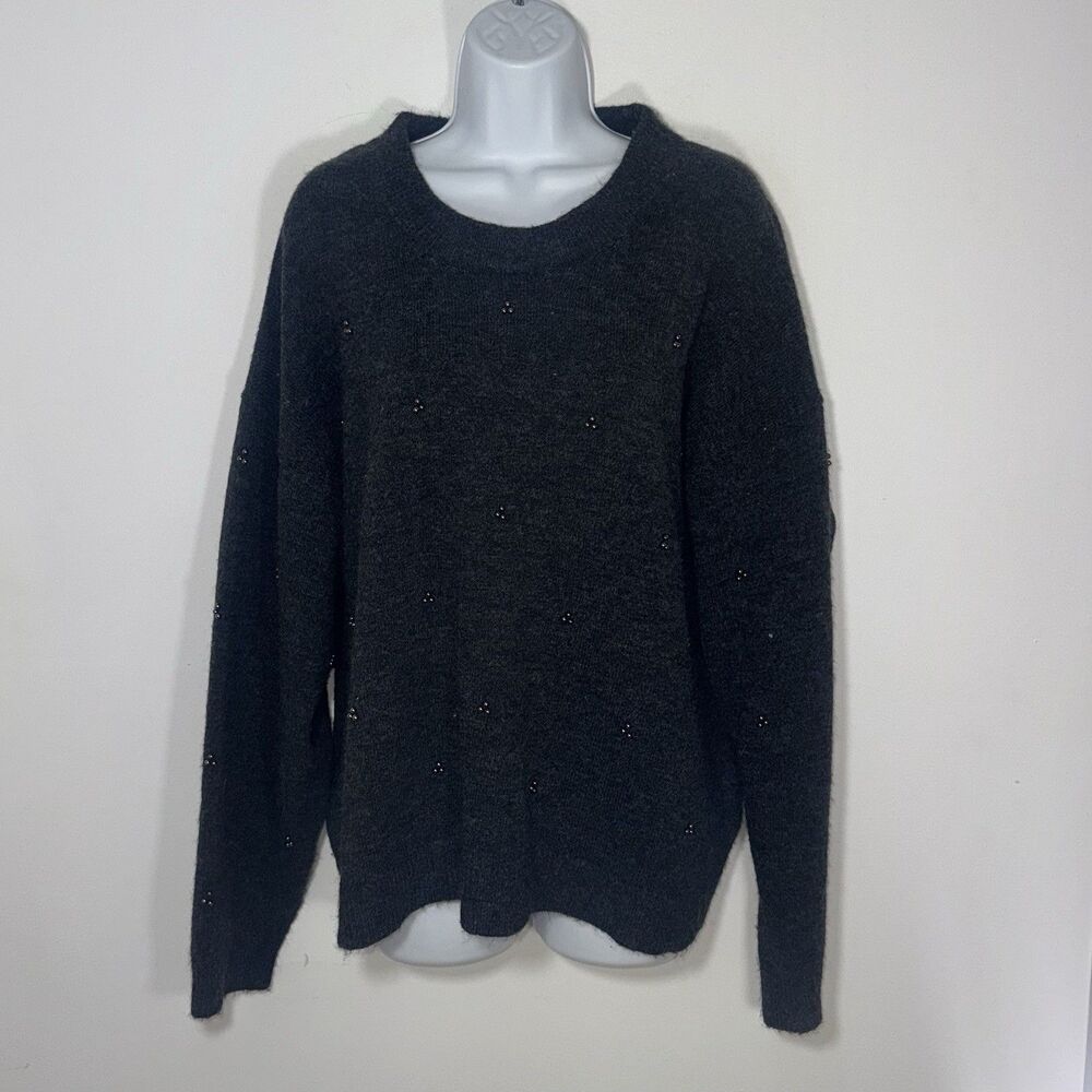 H&M Charcoal Gray Black Pearl Accent Pullover Sweater Wool Blend Women’s X-Large